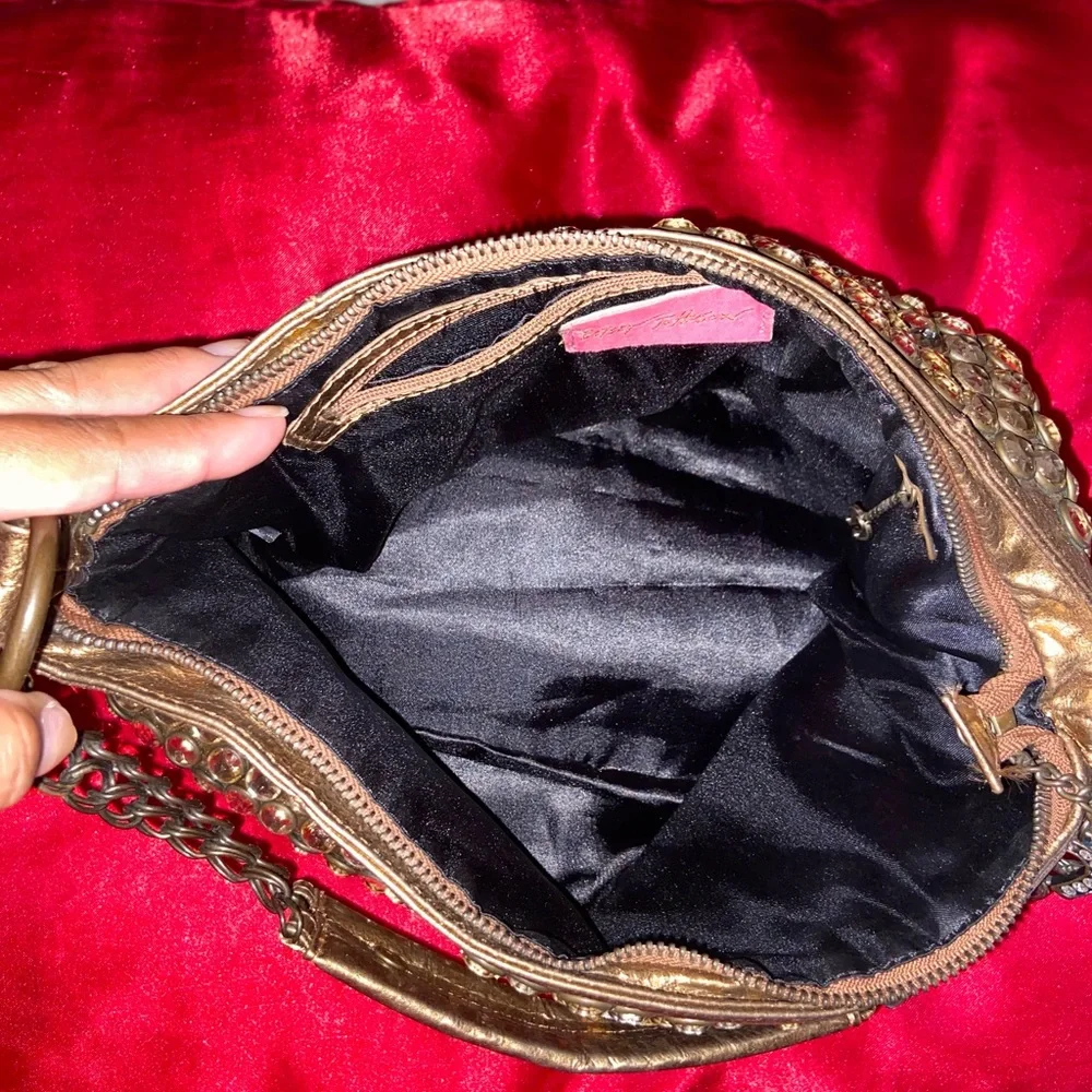 Betsey Johnson Gold Jeweled Shoulder Bag with Red Accents